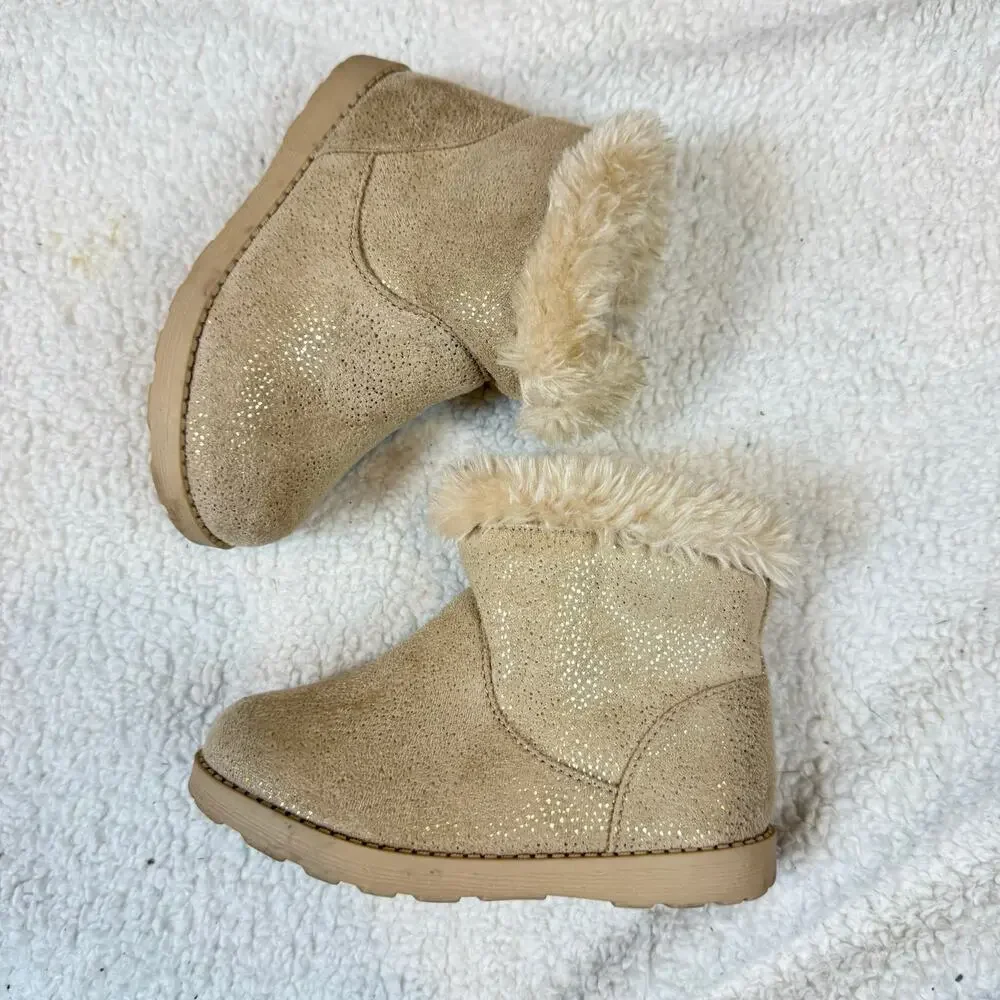 Cat & Jack Faux Fur Plush Lined Shimmer Winter Boots Ankle Booties Girls 9
